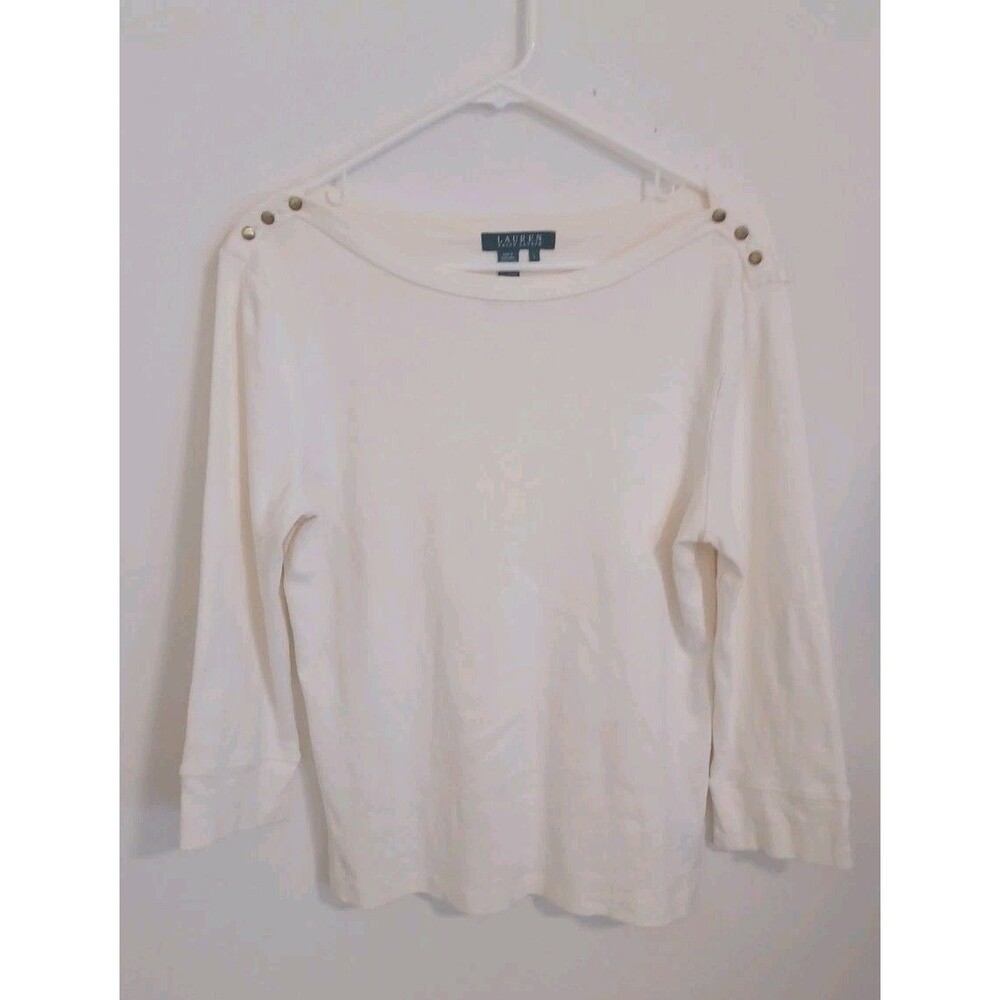 Lauren Ralph Lauren Pullover Knit Top Womens Large Ivory 3/4 Sleeves Preppy